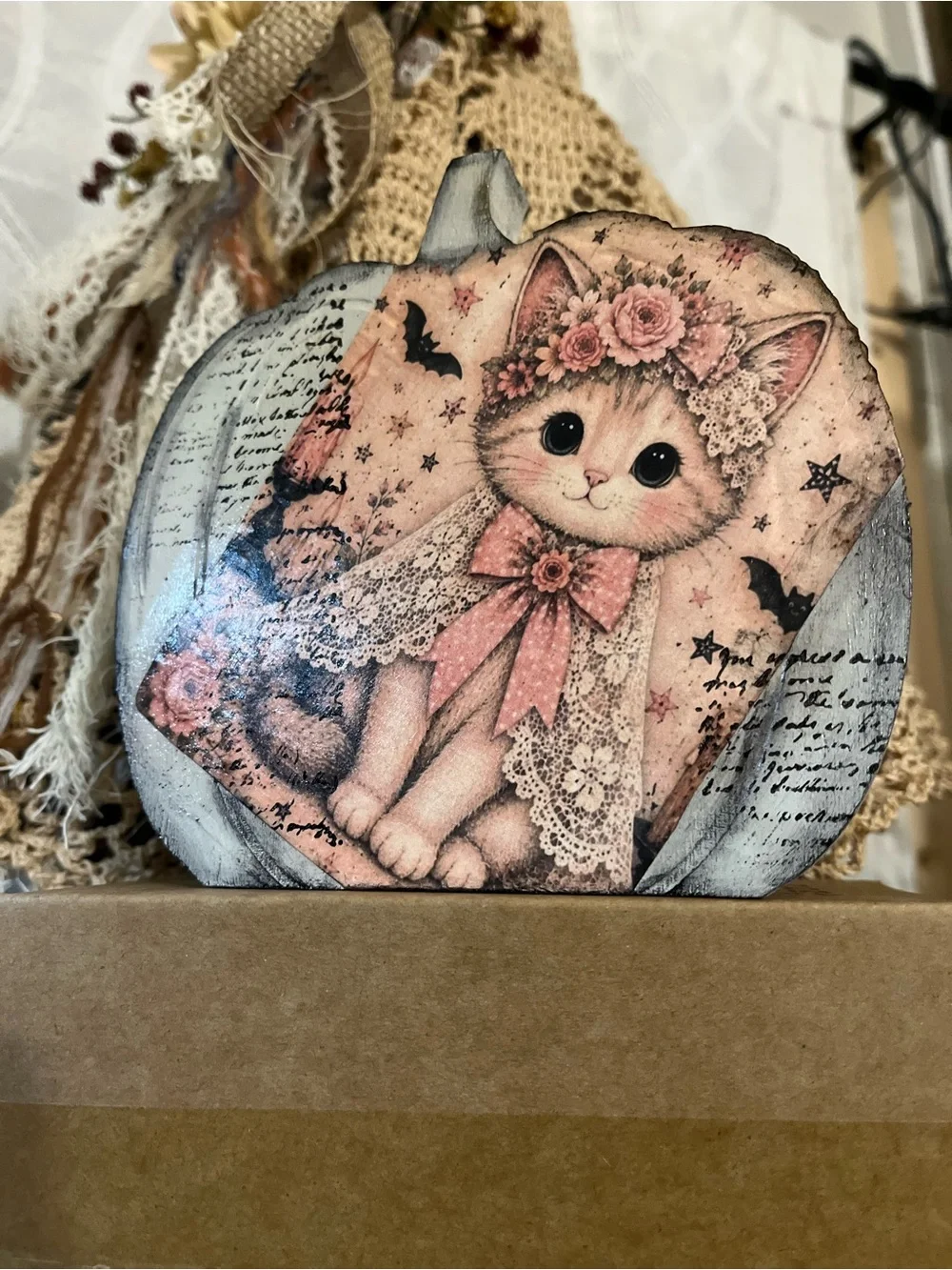 Rustic Pink Floral Cat Pumpkin shelf sitter handmade